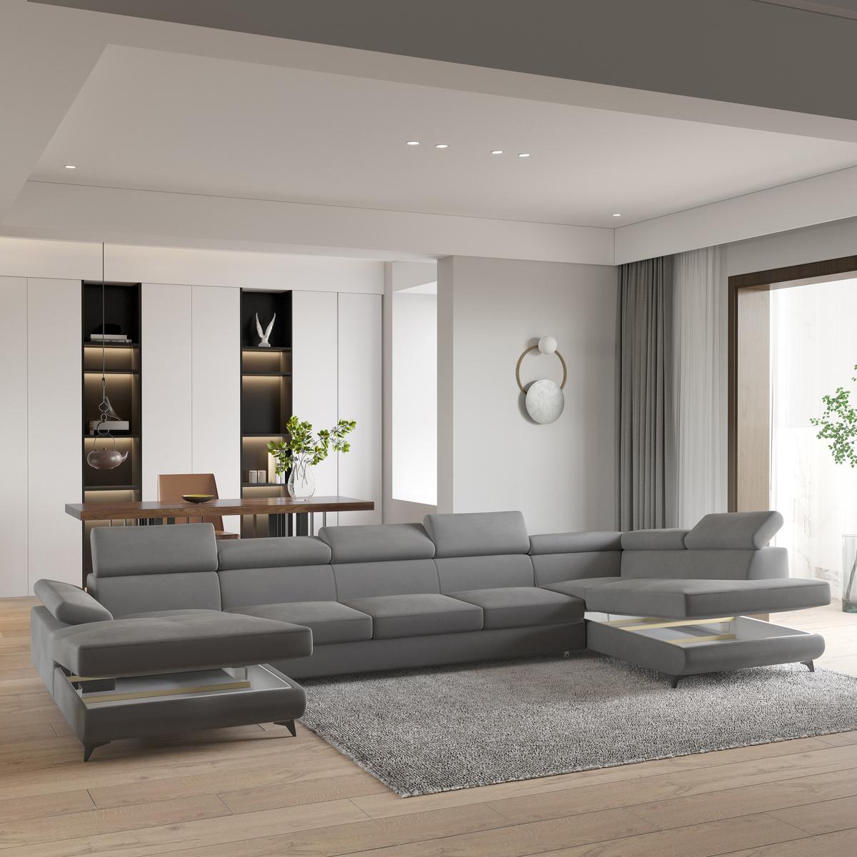 WOHNLANDSCHAFT MONTIVA Grau Velours-Stoff mit Schlaffunktion - Grau, Holz (410/89/190cm) - MASSENO
