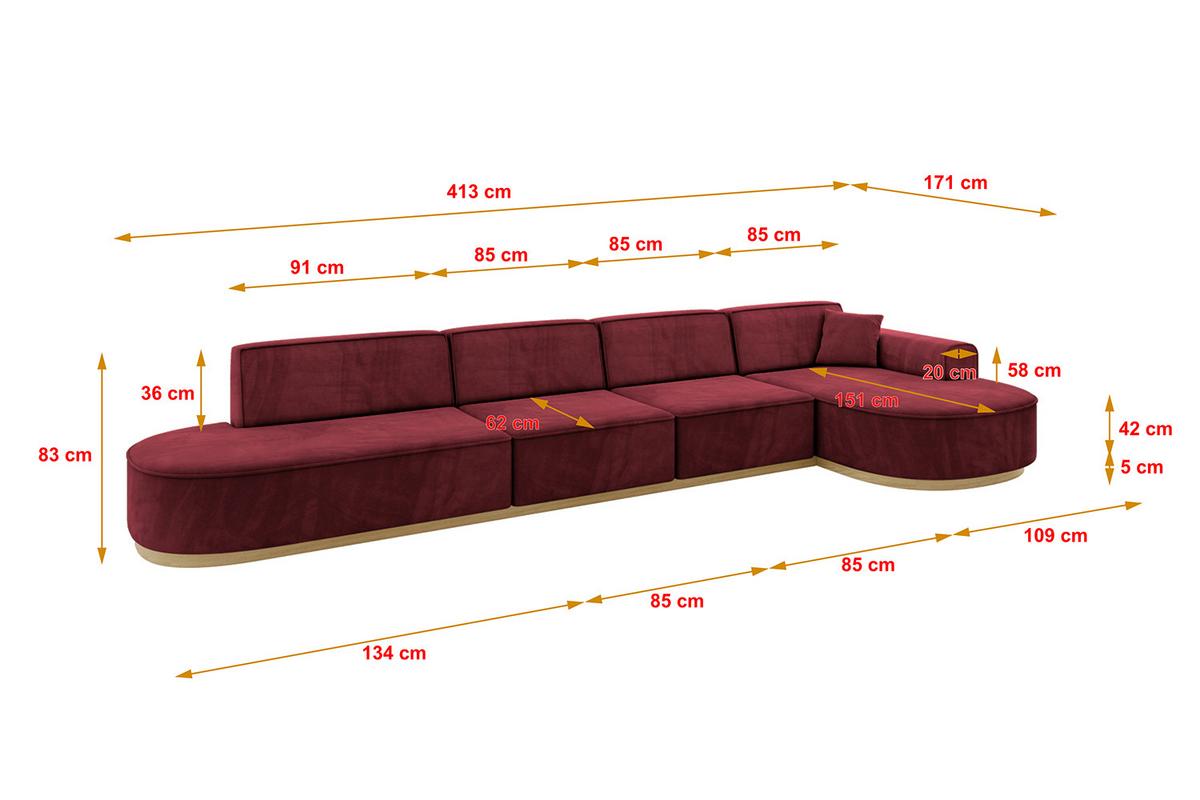 ECKSOFA Ottomane Rechts MARI-L3-v2 - 413x171x83 cm Bordeaux Velours - Bordeaux, Holzwerkstoff/Textil (171/413cm) - ALTDECOR