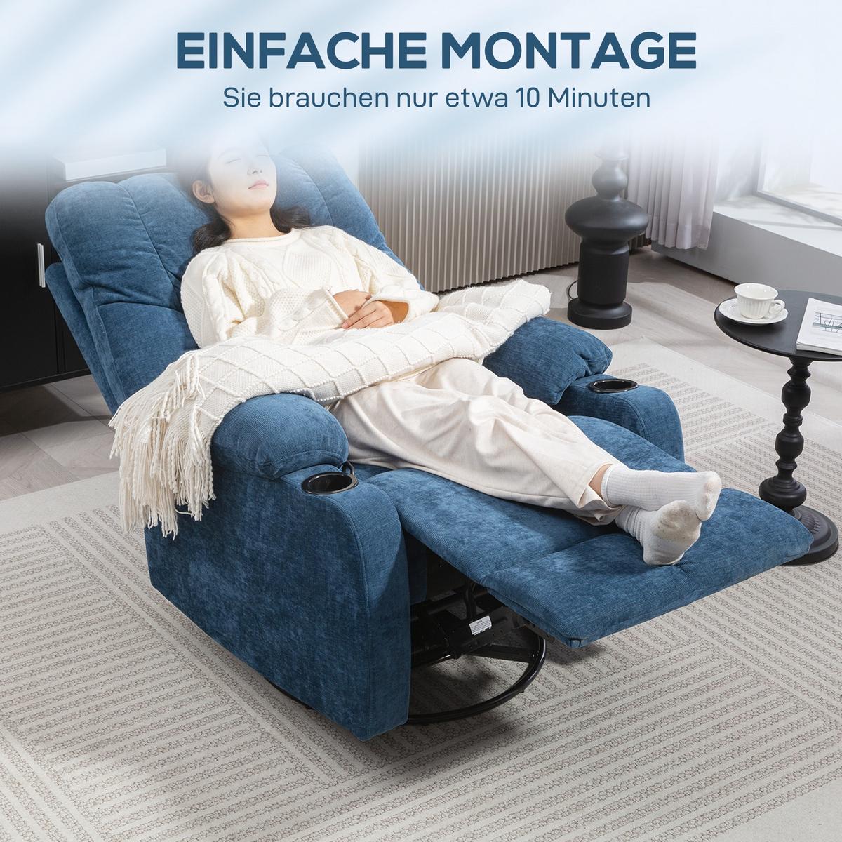 RELAXSESSEL Drehbar Fernsehsessel mit Liegefunktion, Schaukelfunktion Dunkelblau - Blau/Schwarz, Textil/Metall (96/108/88cm) - HOMCOM