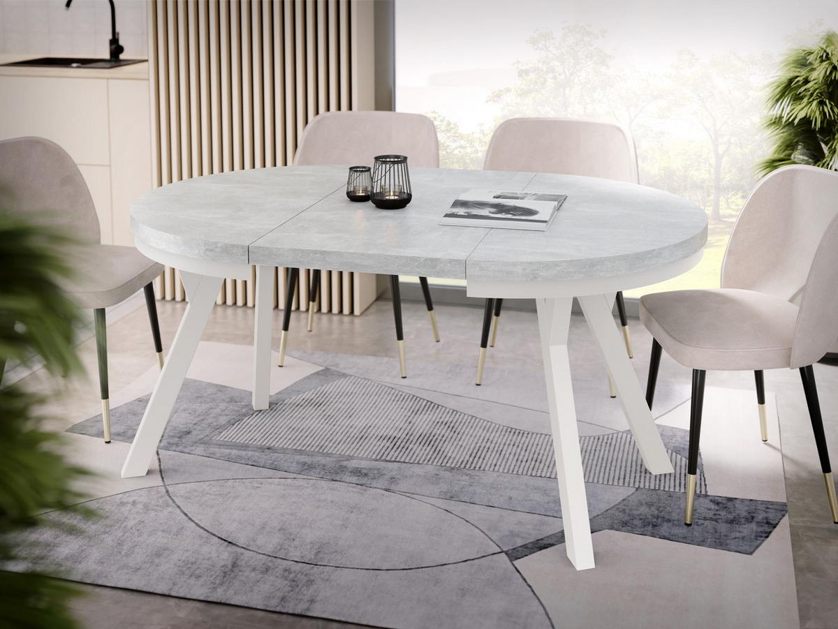 ESSTISCH Lume Weiß runder ausziehbarer, Grauer Beton 100-150/100/76 cm - Hellgrau/Weiß, Holz/Holzwerkstoff (100/150/76cm) - WFL GROUP