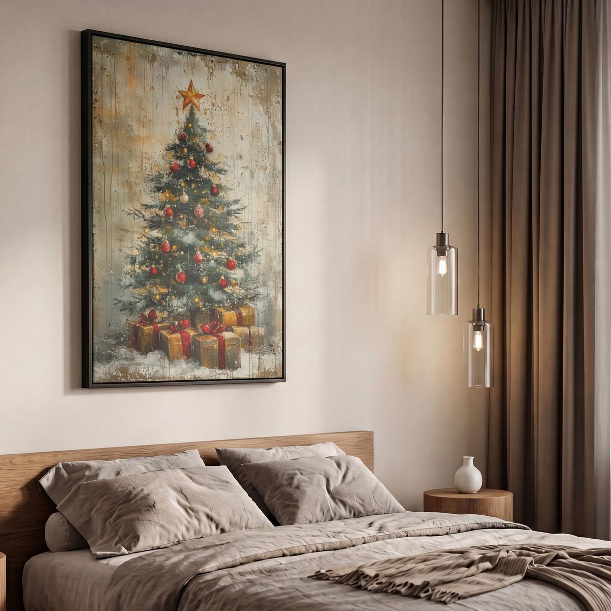LEINWAND Bilder mit Rahmen - Weihnachtsbaum - Vintage - Weihnachten - Geschenk - 60x90 - Rostfarben, Textil (60/90cm) - MuchoWow