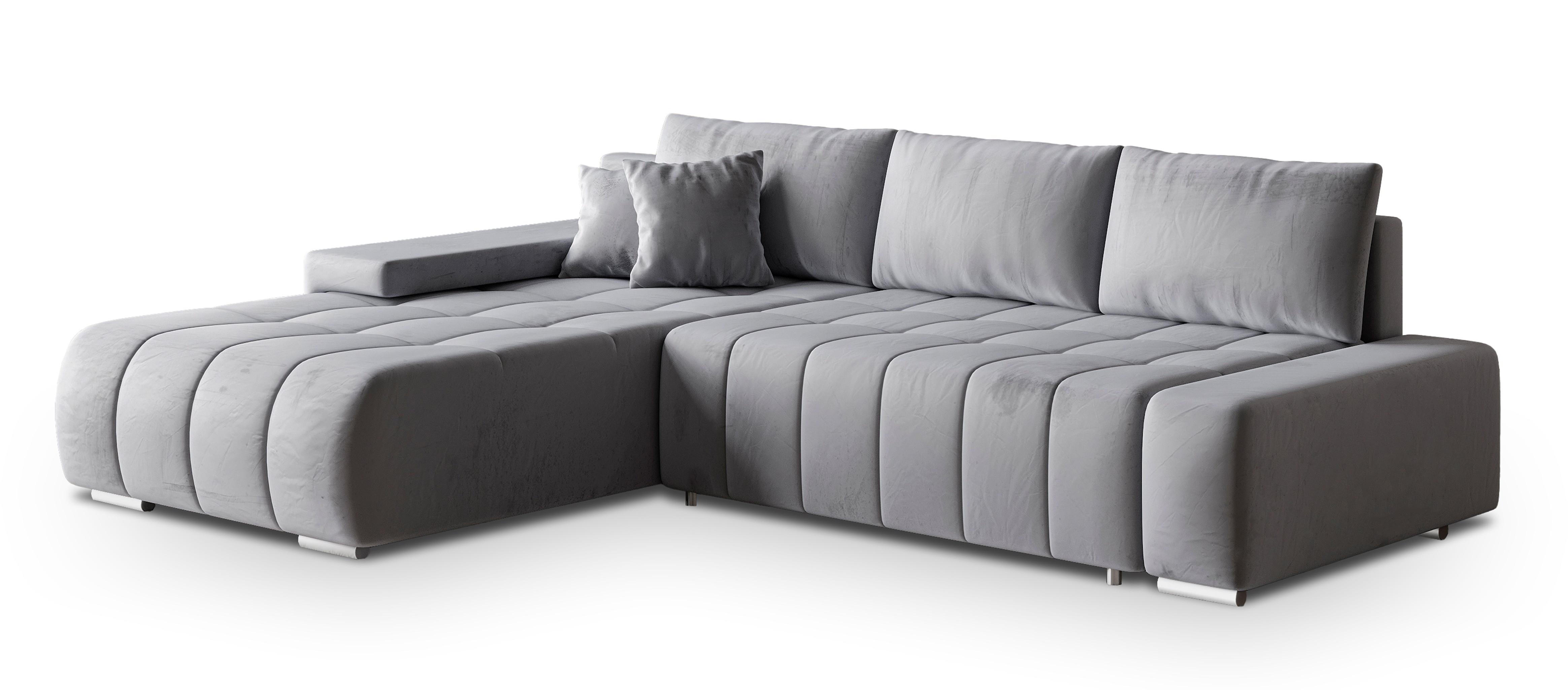 ECKSOFA ALESE L-S Hellgrau Velours-Stoff mit Schlaffunktion - Silberfarben/Hellgrau, Holz/Textil (265/185cm) - MASSENO