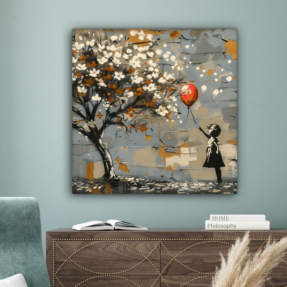 LEINWANDBILD Baum - Graffiti - Banksy-Stil - Ballon-Mädchen Deko Groß 90x90 cm - Blaugrau, Textil (90/90cm) - MuchoWow