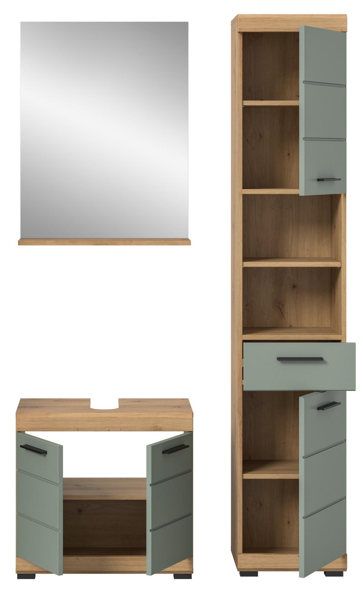 BADMÖBEL-SET Salbei grün, Eiche Artisan 3-teilig 112 cm, Komplettset mit viel Stauraum - Salbeigrün/Schwarz, Glas/Holzwerkstoff (112/191/34cm) - Inn.Furn