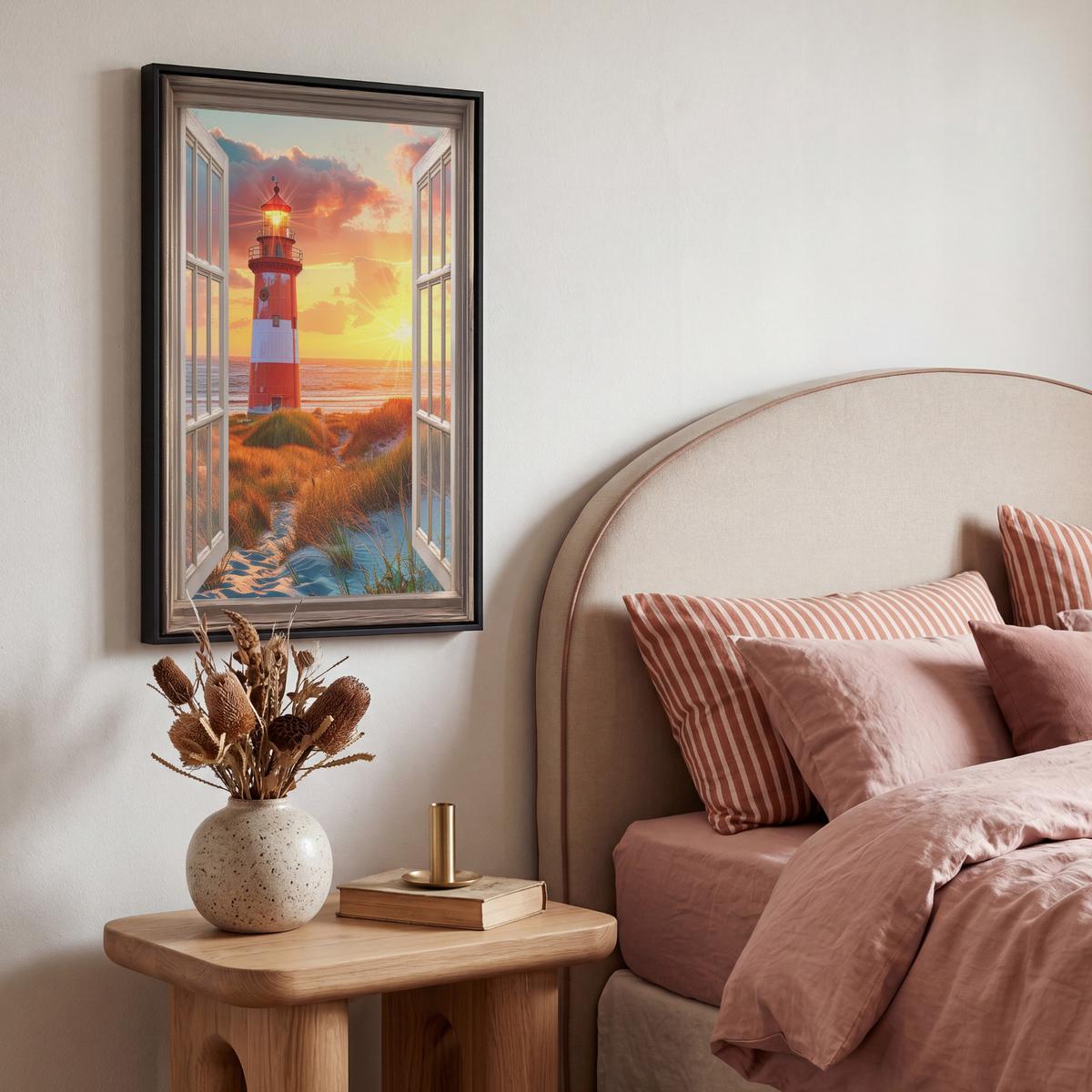 LEINWAND Bilder mit Rahmen - Aussicht - Fenster - Leuchtturm - Sonnenuntergang - Strand - 40x60 - Dunkelorange, Textil (40/60cm) - MuchoWow