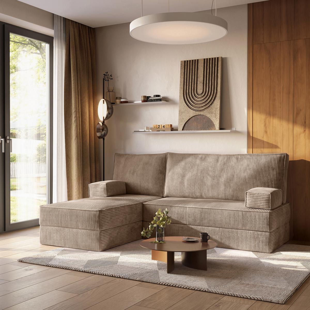 ECKSOFA NOTIA modulares Boneless Sofa mit Schlaffunktion Beige Kordstoff - Beige, Textil (200/120cm) - MASSENO