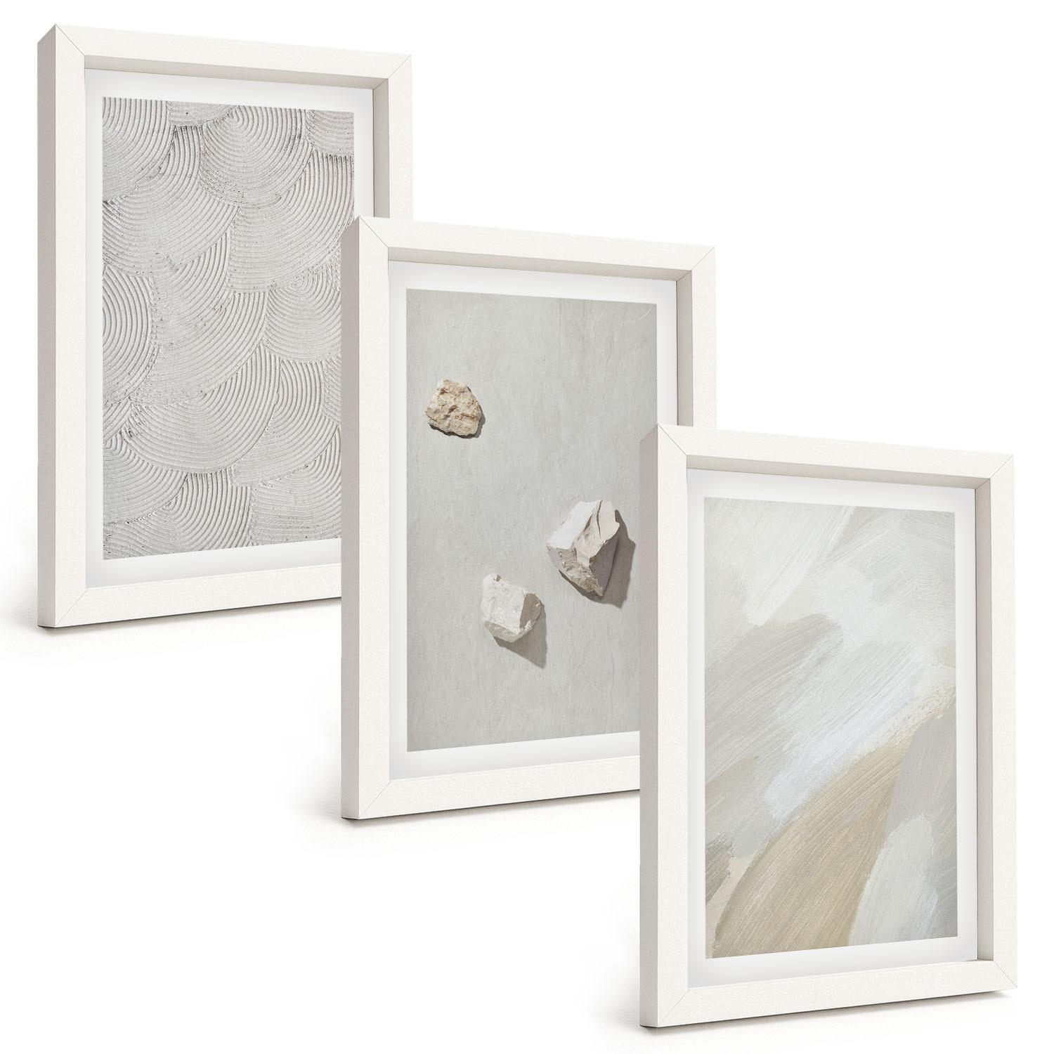 BILDER SET 3er Set - 20x30 cm Weißer Rahmen - Sandsteine moderne Farbe - Weiß, Kunststoff (20/30cm) - TULUP