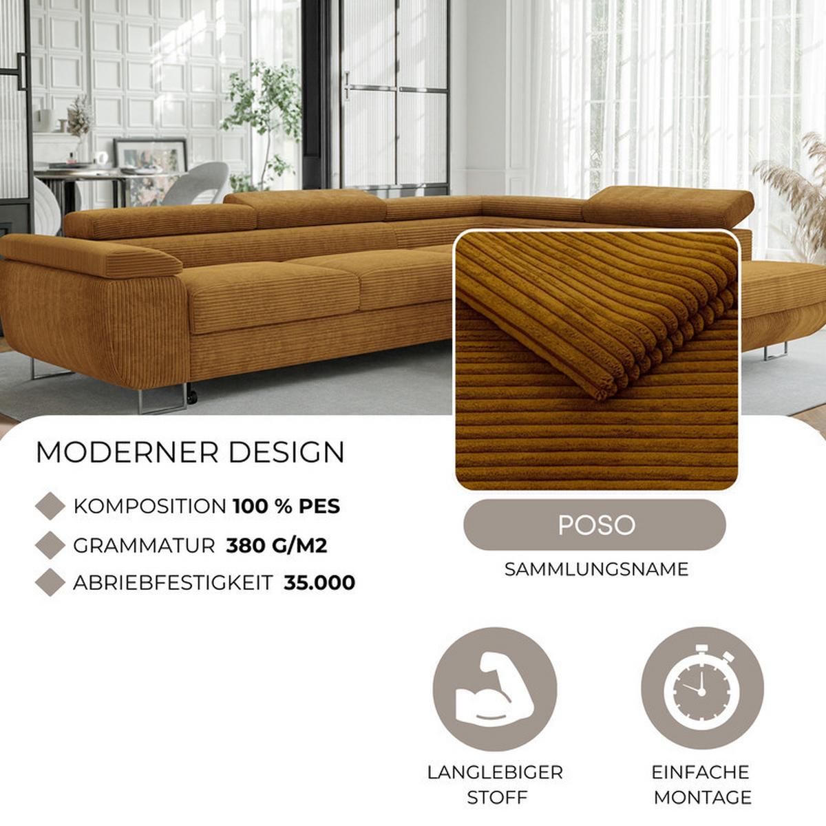 ECKSOFA ANTON links, mit Schlaffunktion und Bettkasten Senfgelb - Currygelb/Chromfarben, Textil/Metall (274/203cm) - Idohome
