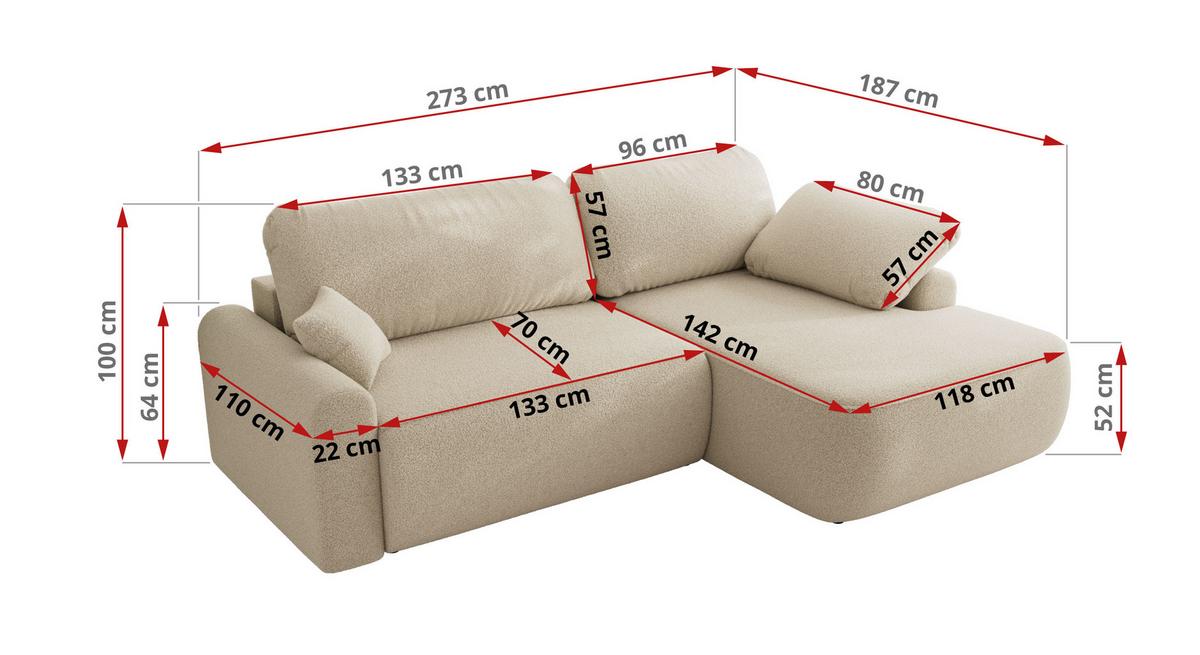 ECKSCHLAFSOFA CUBO L Beige Boucle - links - Beige/Schwarz, Kunststoff/Textil (273/187cm) - MKS