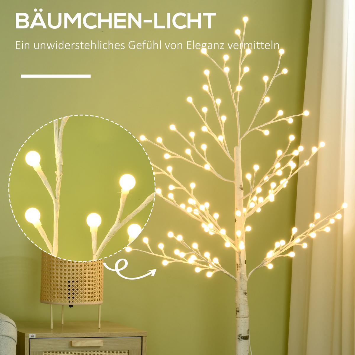 150 cm Lichterbaum, Birkenbaum mit 120 Warmweiß 3 Helligkeitsstufen LED IP44 - Weiß, Kunststoff (20/150/20cm) - HOMCOM