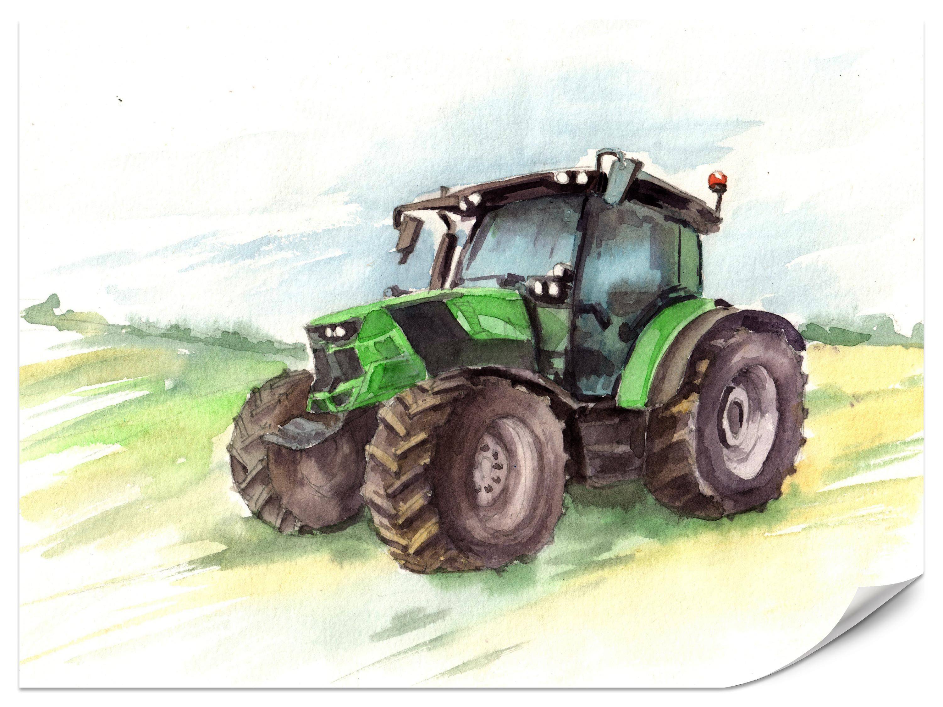 FOTOTAPETE für Kinderzimmer Aquarell Grüner Traktor Feld 300x210 - Gelb/Schwarz, Papier (300/210cm) - Muralo