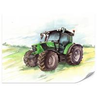 FOTOTAPETE für Kinderzimmer Aquarell Grüner Traktor Feld 300x210 - Gelb/Schwarz, Papier (300/210cm) - Muralo