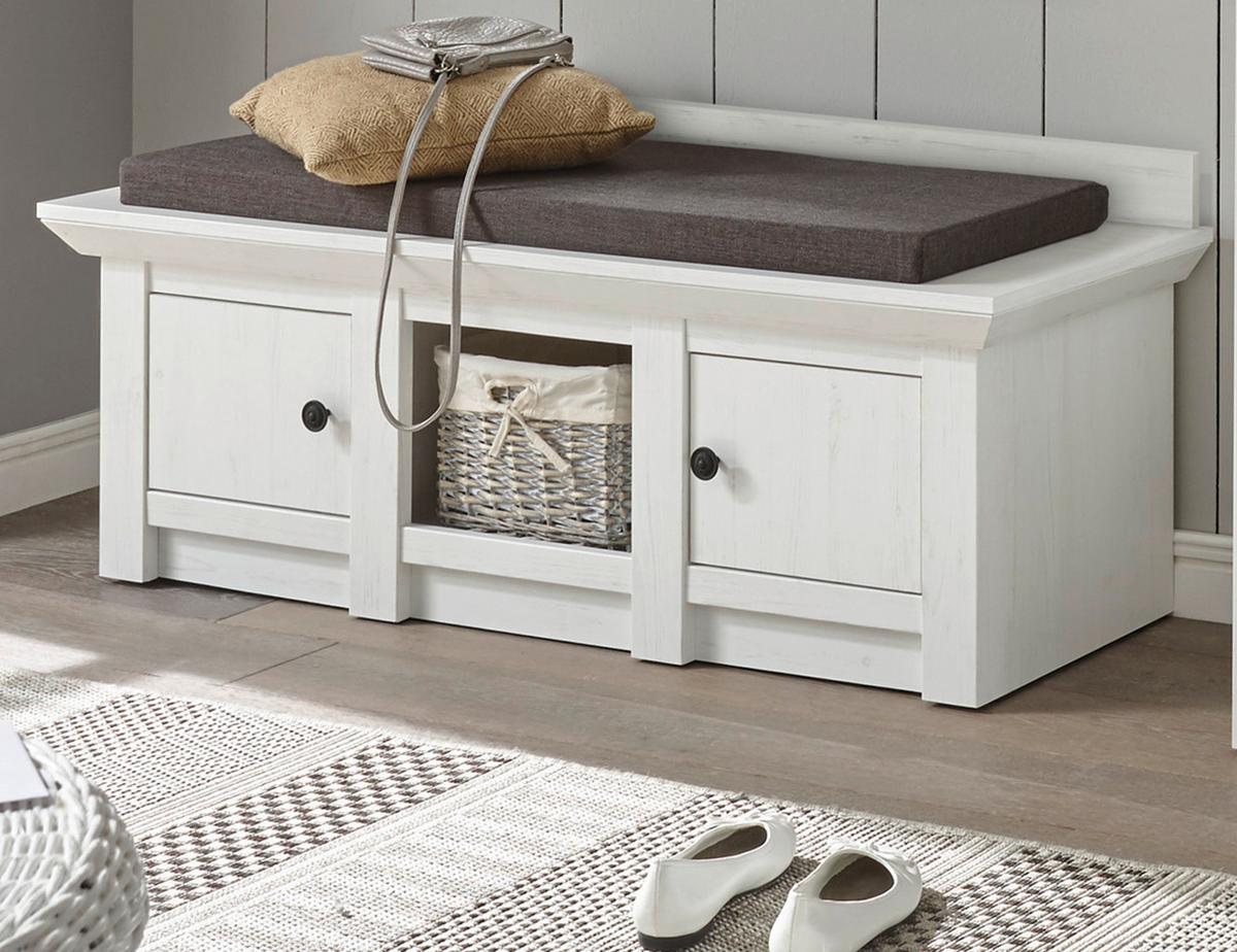 GARDEROBENBANK Pinie weiß 124 cm, Landhaus Schuhbank mit Stauraum - Schwarz/Weiß, Holzwerkstoff/Metall (124/42/45cm) - Furn.Design