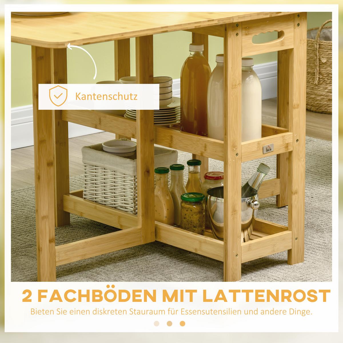 ESSTISCH Klapptisch Küchentisch mit Ablagefächer Esszimmertisch Naturholz - Naturfarben, Naturmaterialien/Bambusholz (149.5/80/73.5cm) - HOMCOM