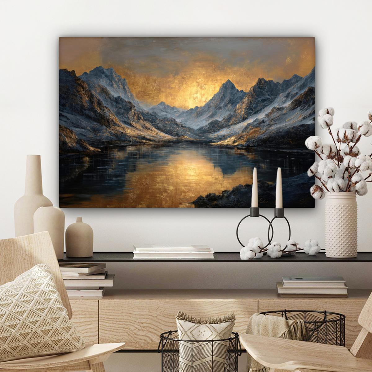 LEINWANDBILD Bergkulisse mit goldenem Sonnenuntergang Gemälde 60x40 cm - Goldfarben, Textil (60/40cm) - MuchoWow