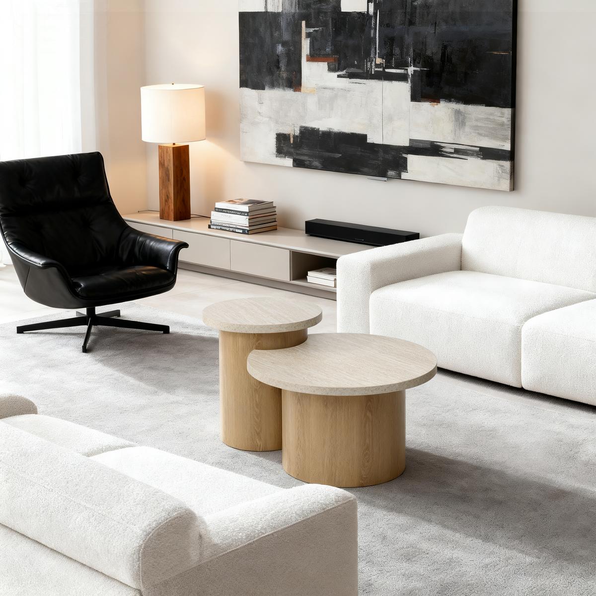 COUCHTISCH Rund 2er Set Holz mit Travertin-Optik, Ø60 & 40cm - Braun, Holzwerkstoff (60/85/47.5cm) - Hometopia