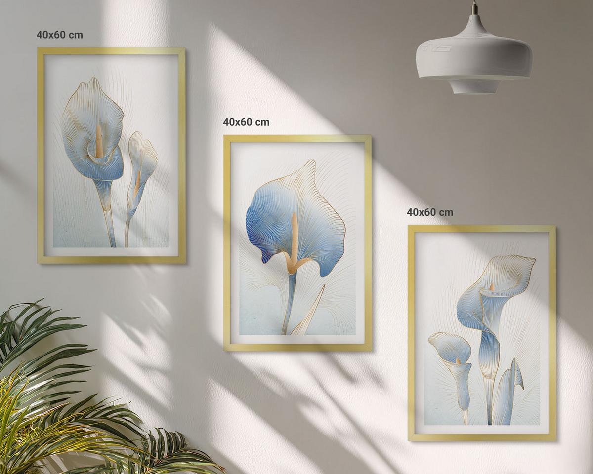 BILDER SET 3er Set - 40x60 cm Goldrahmen - Blaue Blumen im Hintergrund - Goldfarben, Kunststoff (40/60cm) - TULUP