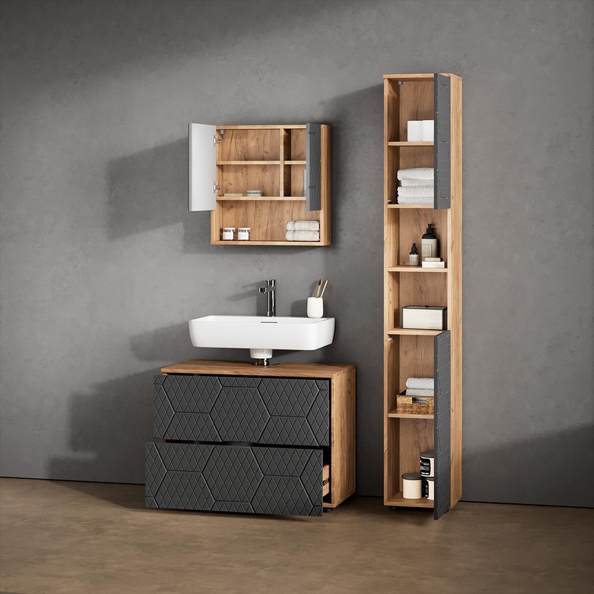 BADSPIEGELSCHRANK Ronco Anthrazit mit Wabenstruktur 54 x 55 cm - Anthrazit, Holzwerkstoff (54/55/17cm) - Livinity®