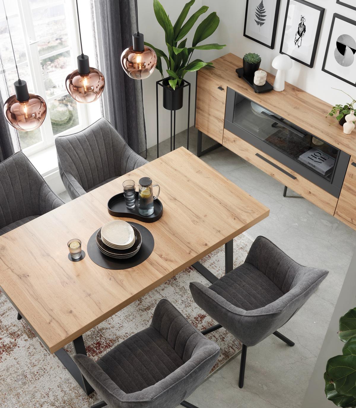 Ausziehtisch in Eichefarben - Eichefarben/Schwarz, Modern, Holzwerkstoff/Metall (160-205/90/76cm) - Premium Living