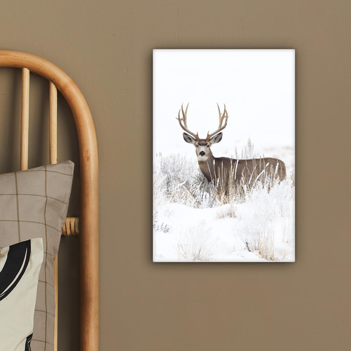 LEINWANDBILD Hirsche - Winter - Schnee - Tiere - Jahreszeiten - Weiß Deko Wohnzimmer 20x30 cm - Hellbraun, Textil (20/30cm) - MuchoWow