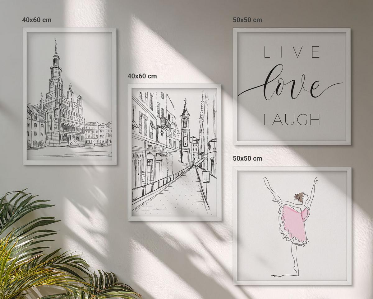 BILDER SET 4er Set - 50x50 cm & 40x60 cm Weißer Rahmen - Stilvolle Grafik, Ballerina-Architektur - Weiß, Kunststoff (50/50cm) - TULUP