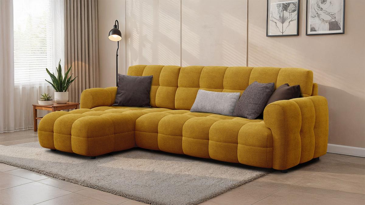ECKSOFA MELLOW 4-Sitzer, safran - Gelb/Schwarz, Holz/Textil (262/156cm) - Wozimo
