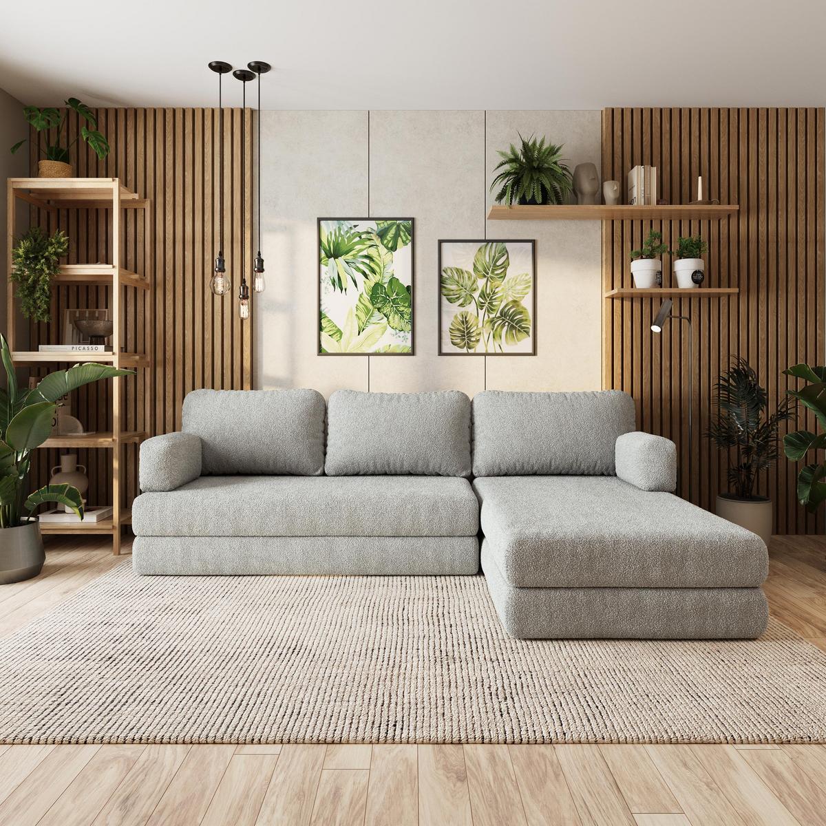 ECKSOFA LEA modulares Boneless Sofa mit Schlaffunktion Hellgrau Boucle-Stoff - Hellgrau, Textil (270/160cm) - MASSENO