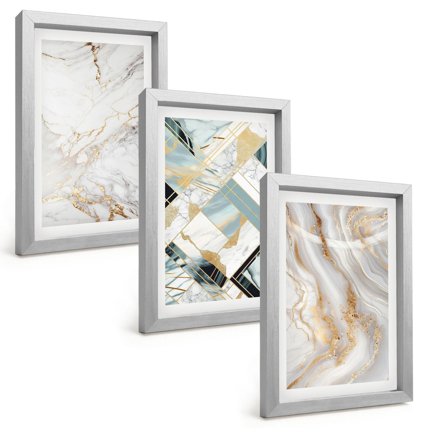 BILDER SET 3er Set - 20x30 cm Silberner Rahmen - Elegante Marmormuster - Silberfarben, Kunststoff (20/30cm) - TULUP
