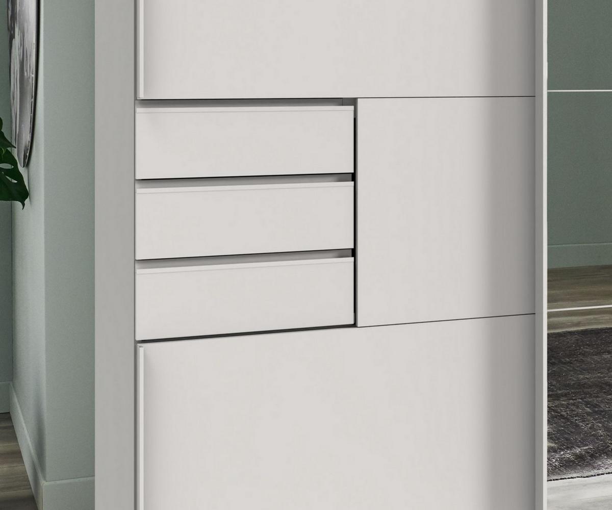 SCHWEBETÜRENSCHRANK 3-türig B270/H208/64 cm, Weiß, eine Spiegeltür, Kleiderschrank mit Schubladen & Vollausstattung / 22613 - Weiß, Holzwerkstoff/Metall (270/208/64cm) - luma-home