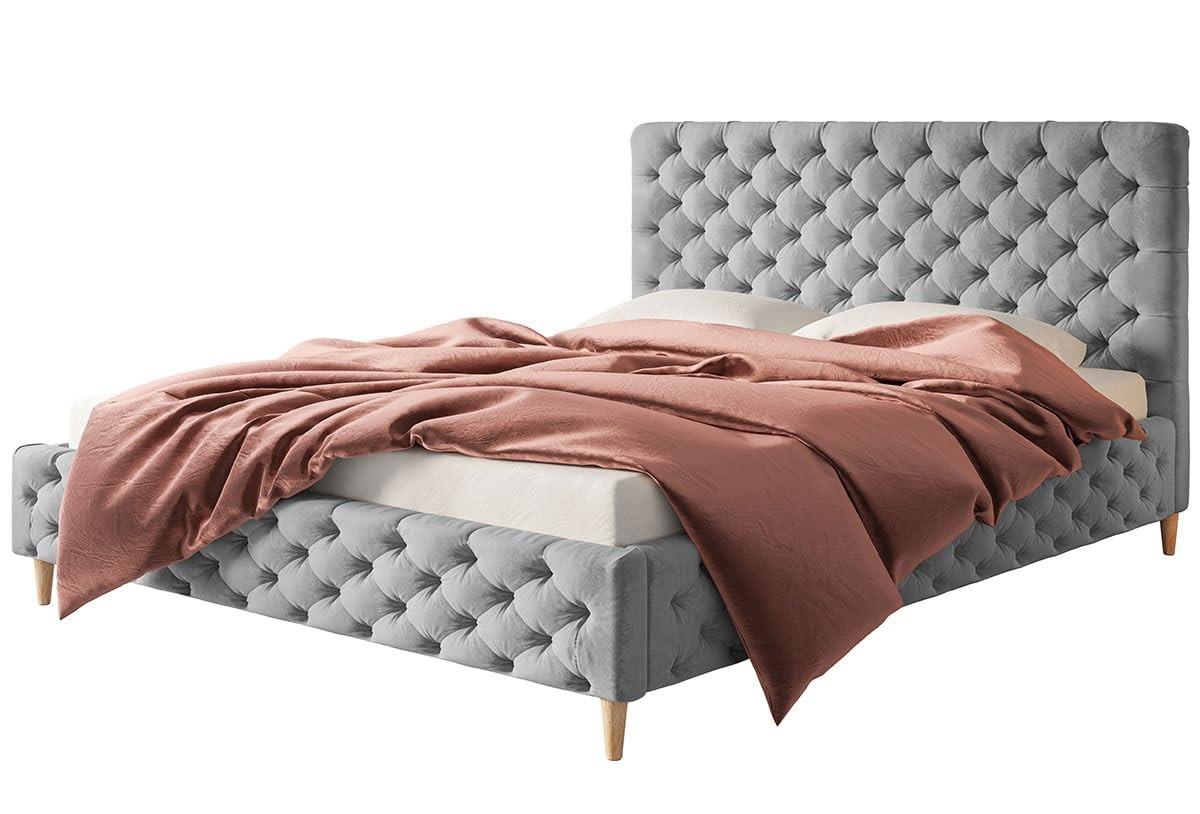 POLSTERBETT LUX Miami mit Kopfteil, 160 x 200 cm, Doppelbett mit Lattenrost aus Holz, Velourstoff Grau, Füße in Farbe: Braun - Grau, Holz/Textil (160/200cm) - Alpi-Möbel
