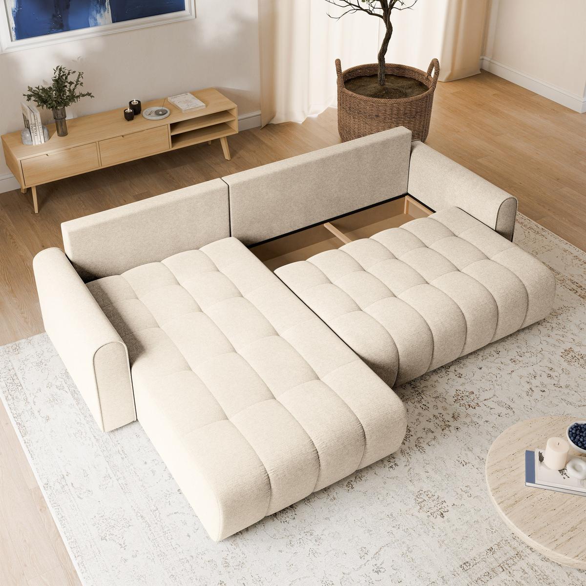 ECKSOFA FRIGA Creme Strukturstoff mit Schlaffunktion - Creme, Holz (283/185cm) - MASSENO