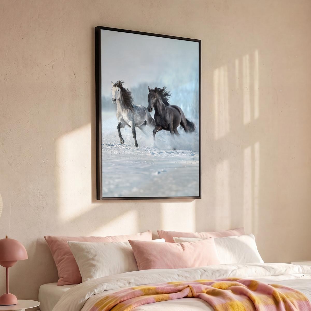 LEINWAND Bilder mit Rahmen - Pferde - Winter - Tiere - Natur - Schnee - 80x120 - Anthrazit, Textil (80/120cm) - MuchoWow