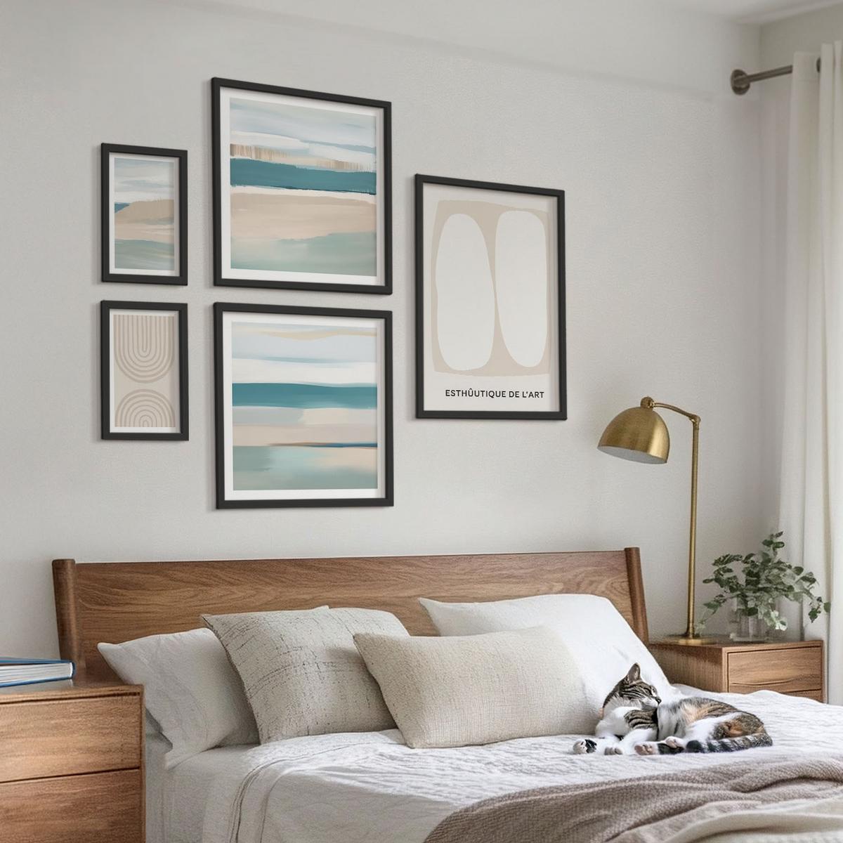 BILDER SET 5er Set - 50x50 cm & 20x30 cm & 40x60 cm Schwarzer Rahmen - Abstrakte blaue Landschaften - Schwarz, Kunststoff (40/60cm) - TULUP