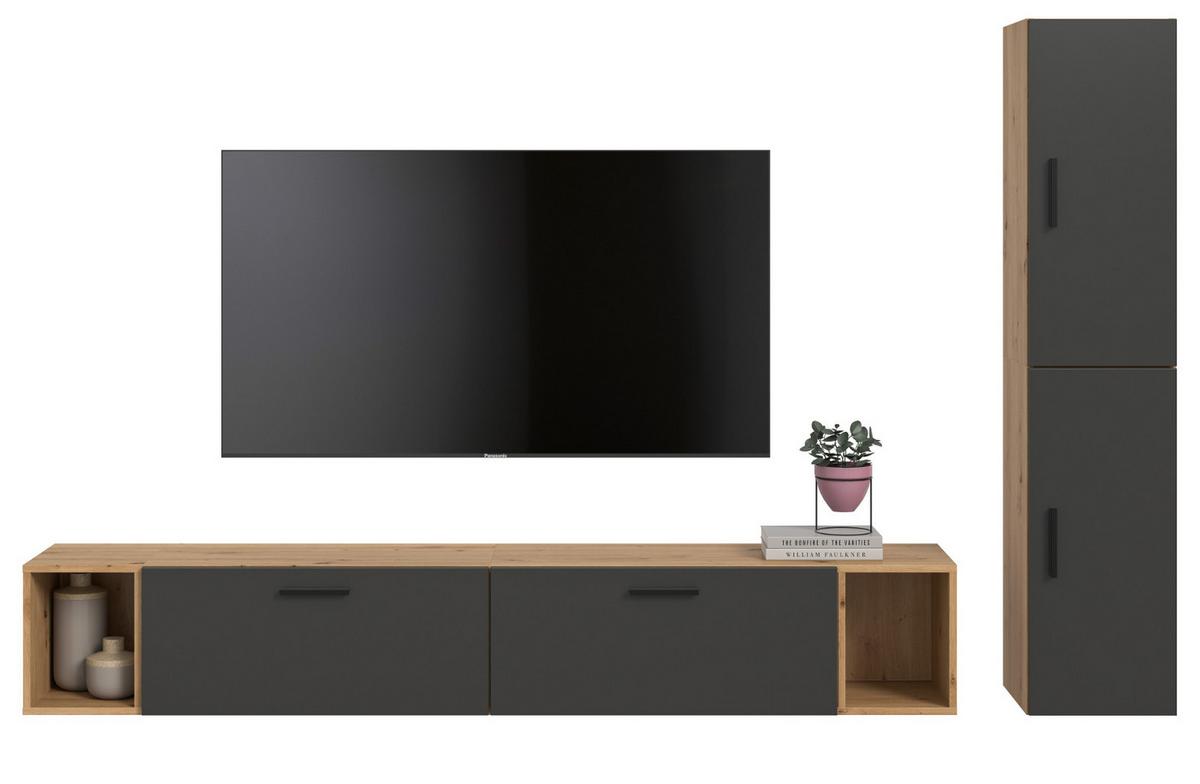 WOHNWAND grau, Eiche Artisan 249 x 184 cm, Wohnkombination hängend / stehend - Schwarz/Eiche Artisan, Holzwerkstoff/Kunststoff (249/184/34cm) - Inn.Furn
