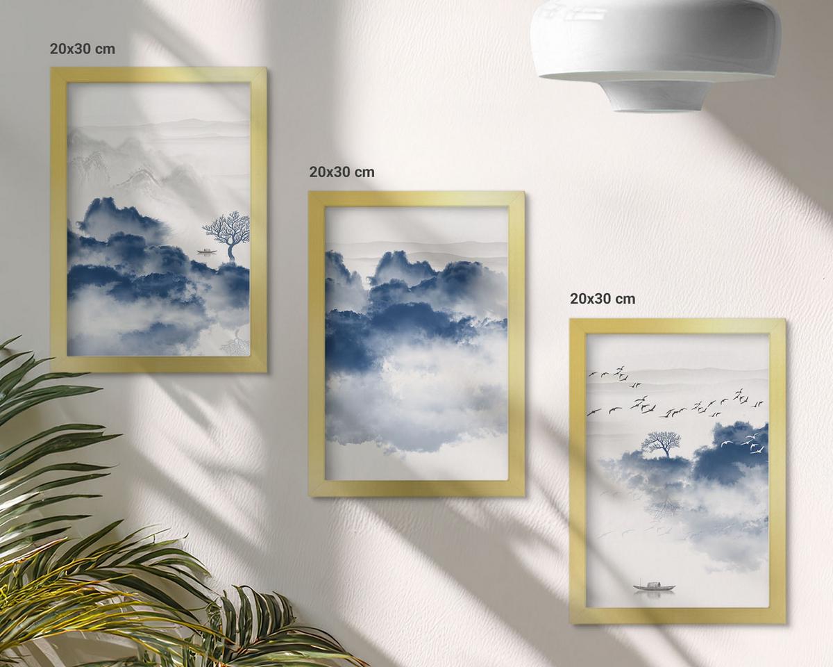 BILDER SET 3er Set - 20x30 cm Goldrahmen - Berge, Wolken, Bäume, Vögel - Goldfarben, Kunststoff (20/30cm) - TULUP