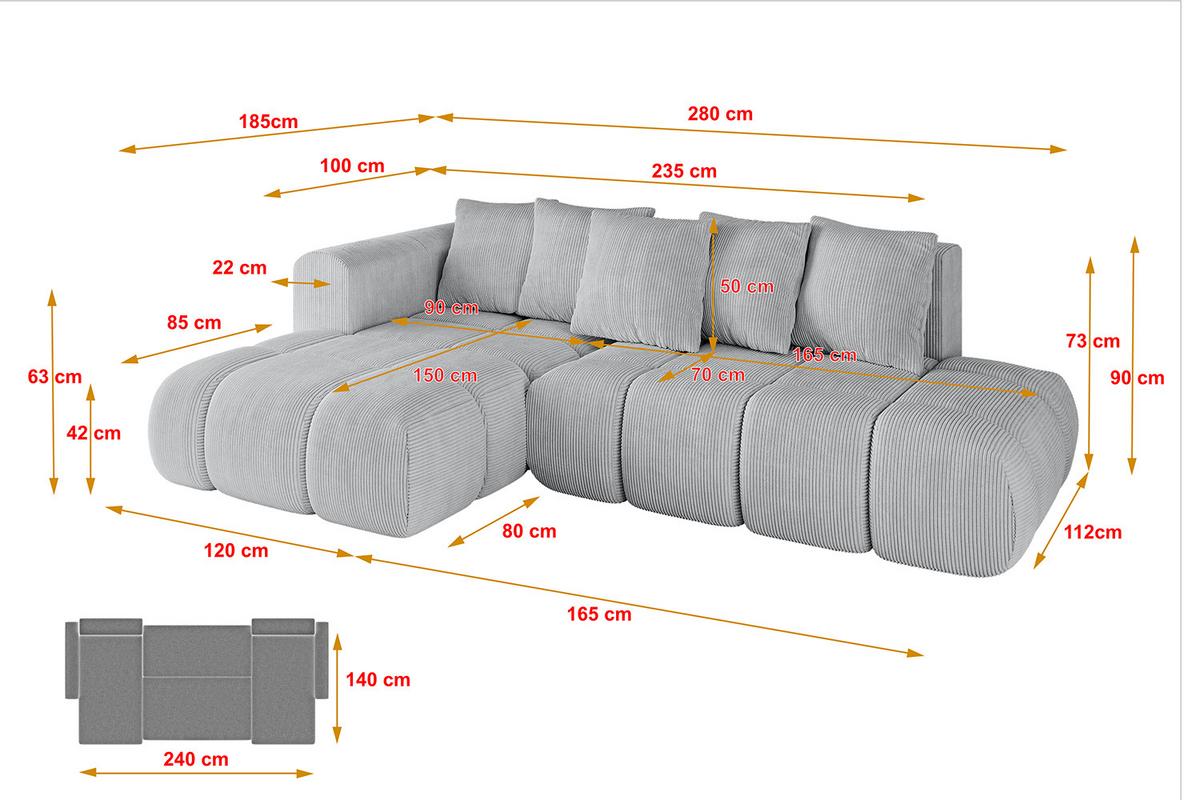 ECKSOFA Ottomane Links CLOUD-L-v1 280x185x90 Grau Cord - Grau, Holzwerkstoff/Kunststoff (180/289cm) - ALTDECOR