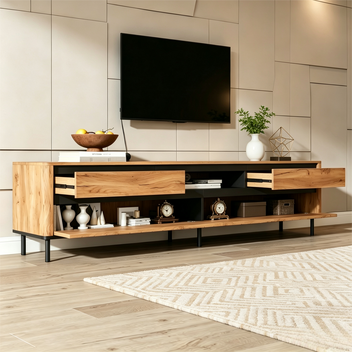 TV-LOWBOARD 180cm Naturholz & Schwarz mit 2 Schubladen & 2 Klapptüren - Schwarz/Naturfarben, Holzwerkstoff (180/52/40cm) - Urban Meuble