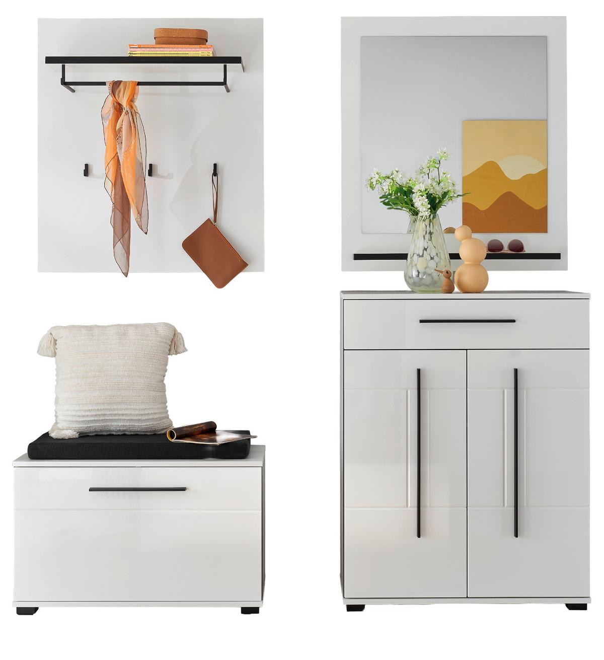 GARDEROBEN-SET weiß Hochglanz 5-teilig 170 cm, Flurgarderobe mit Soft-Close - Dunkelgrau/Weiß Hochglanz, Glas/Holzwerkstoff (170/200/40cm) - Furn.Design