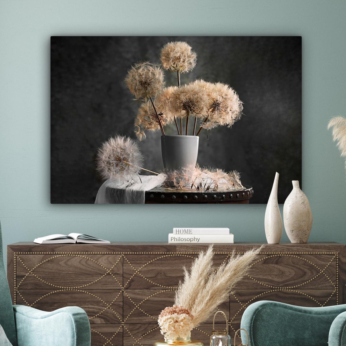 LEINWANDBILD Blumensamen - Löwenzahn - Vase - Stilleben - Blumenstrauß Wohnzimmer Groß 120x80 cm - Dunkelgrau, Textil (120/80cm) - MuchoWow
