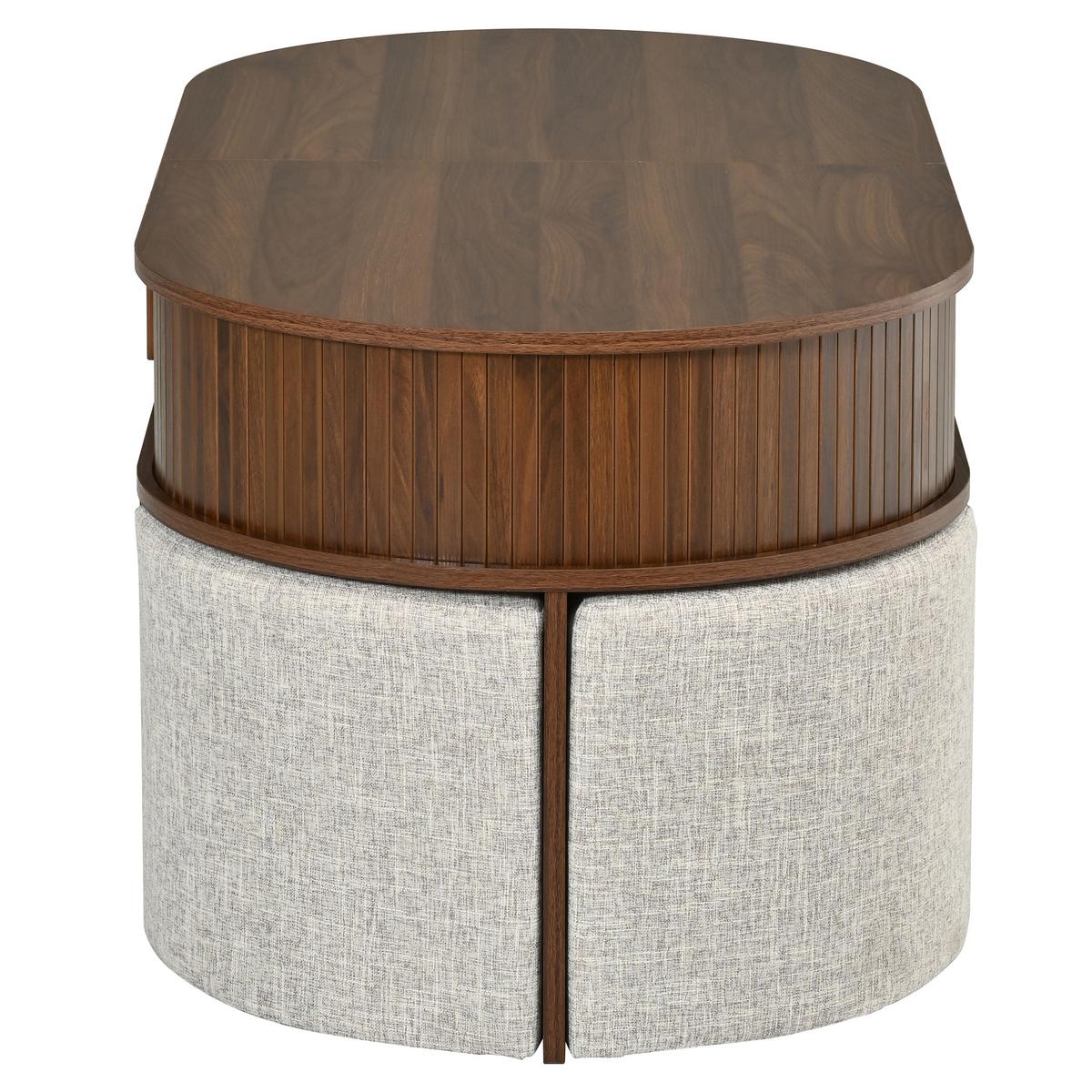 COUCHTISCH Oval Nussbaum mit Stoffhockern Schiebetüren & Rillenoptik - Walnussfarben, Holzwerkstoff (60/120/51.5cm) - Urban Meuble