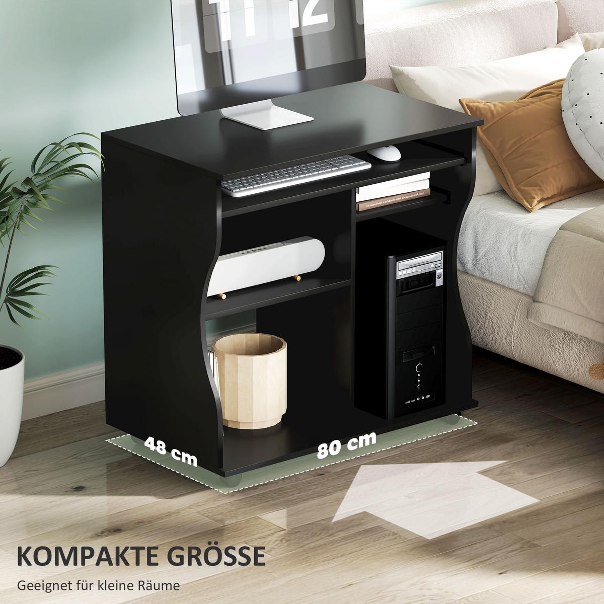 COMPUTERTISCH mit Rollen, Schwarz 80 x 48 x 75 cm - Schwarz, Holz (80/48/75cm) - HOMCOM
