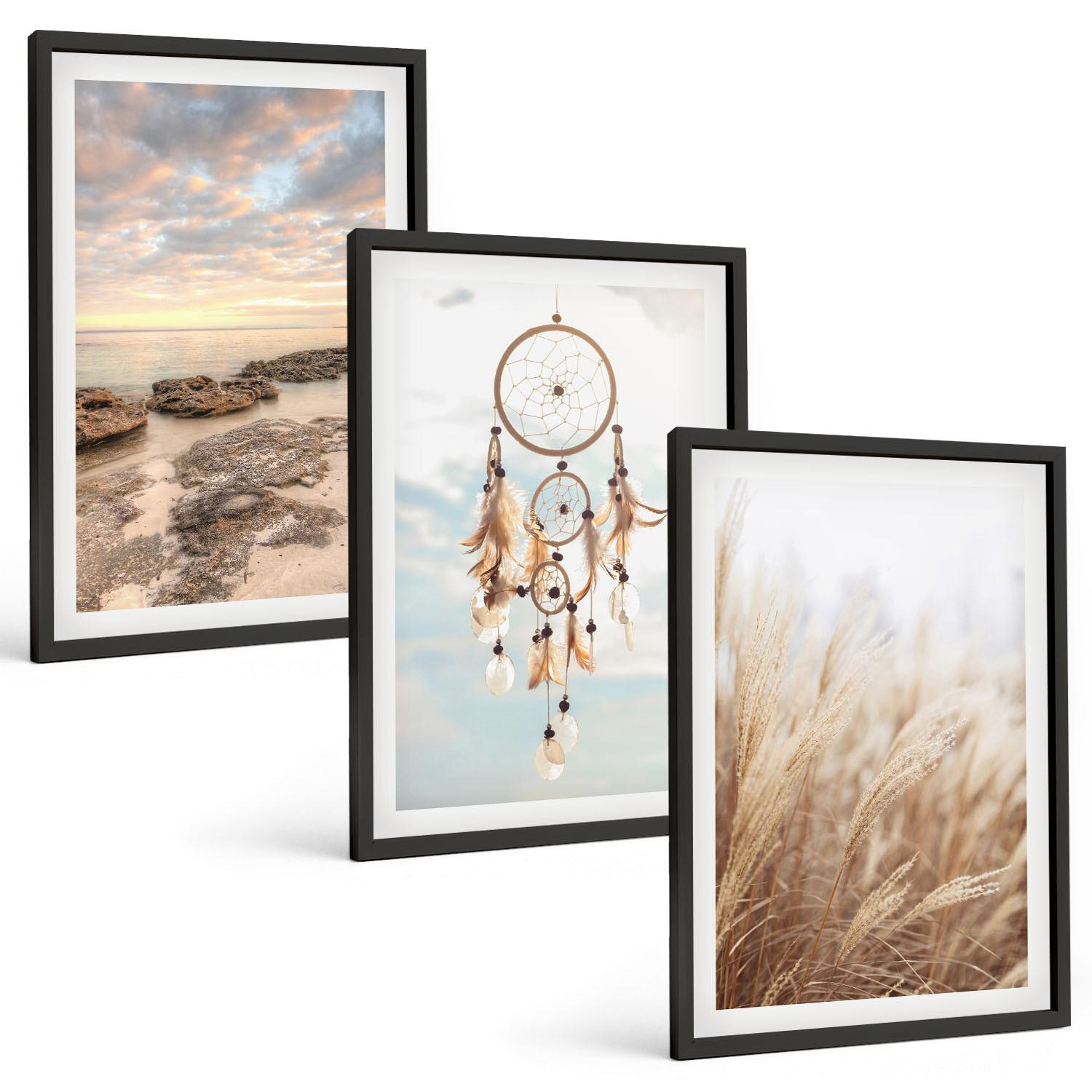 BILDER SET 3er Set - 40x60 cm Schwarzer Rahmen - Wolkenmeer, Traumfänger, Gras - Schwarz, Kunststoff (40/60cm) - TULUP