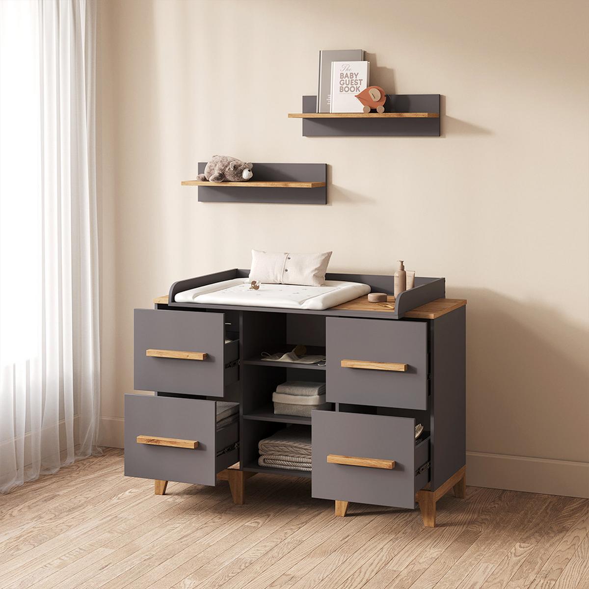 WICKELKOMMODE Mailo Grau/Artisan XL mit 4 Schubladen - Eiche Artisan/Grau, Holzwerkstoff (133/108/70cm) - Livinity®