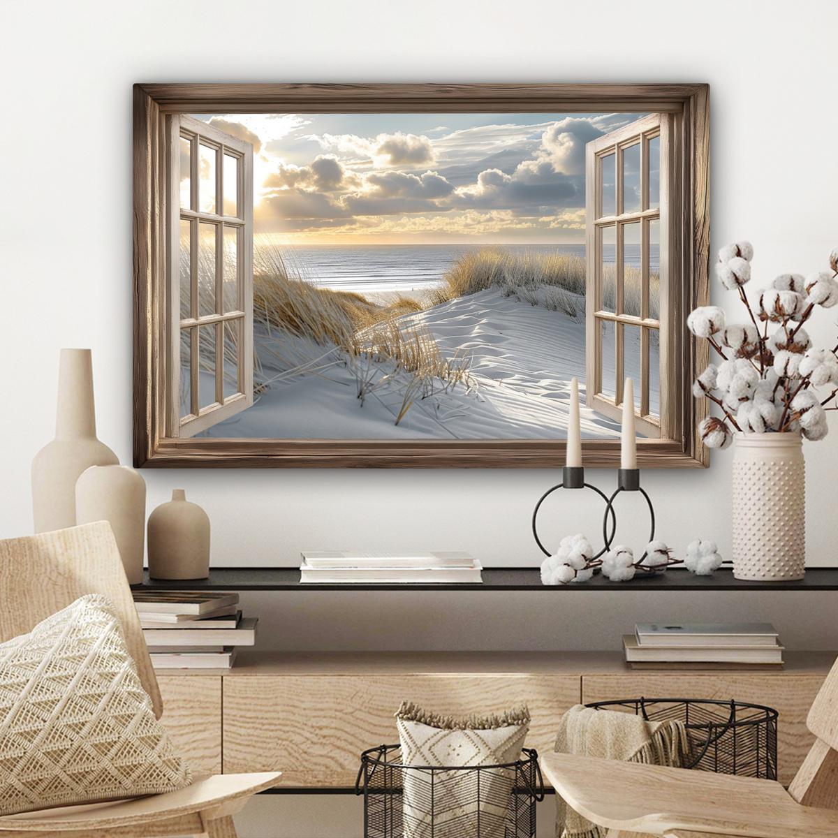 LEINWANDBILD Ausblick - Strand - Dünen - Meer - Natur Wanddeko 90x60 cm - Sandfarben, Textil (90/60cm) - MuchoWow