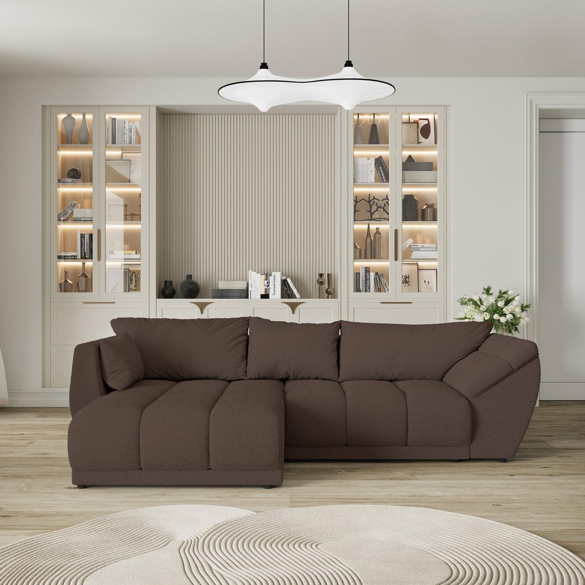 ECKSOFA ORENTI L-S Braun Boucle-Stoff mit Schlaffunktion - Braun, Holz (287/182cm) - MASSENO