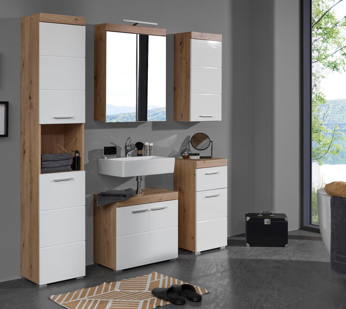 HOCHSCHRANK weiß Hochglanz, Asteiche 37 cm, Badschrank in modernem Design - Eichefarben/Weiß, Holzwerkstoff/Kunststoff (37/190/31cm) - Top.Furn