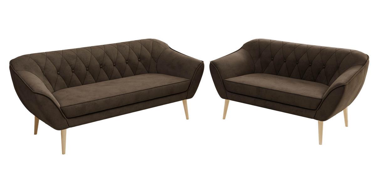 SITZGARNITUR PIRS 3+2 - Braun Velvet - Holzbeine - Dunkelbraun/Buchefarben, Holzwerkstoff/Textil (180/75/74cm) - MKS