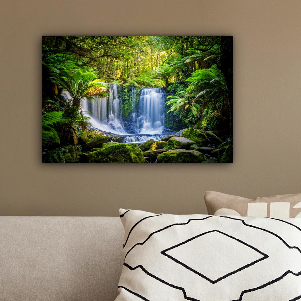 LEINWANDBILD Dschungel - Wasserfall - Australien - Pflanzen - Natur Deko Schlafzimmer 30x20 cm - Dunkelgrün, Textil (30/20cm) - MuchoWow