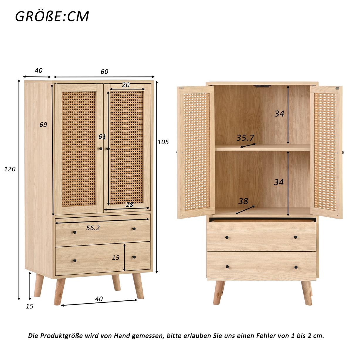 HIGHBOARD mit Rattantüren und 2 Schubladen in Eicheoptik - Eichefarben, Holzwerkstoff (60/120/40cm) - Urban Meuble