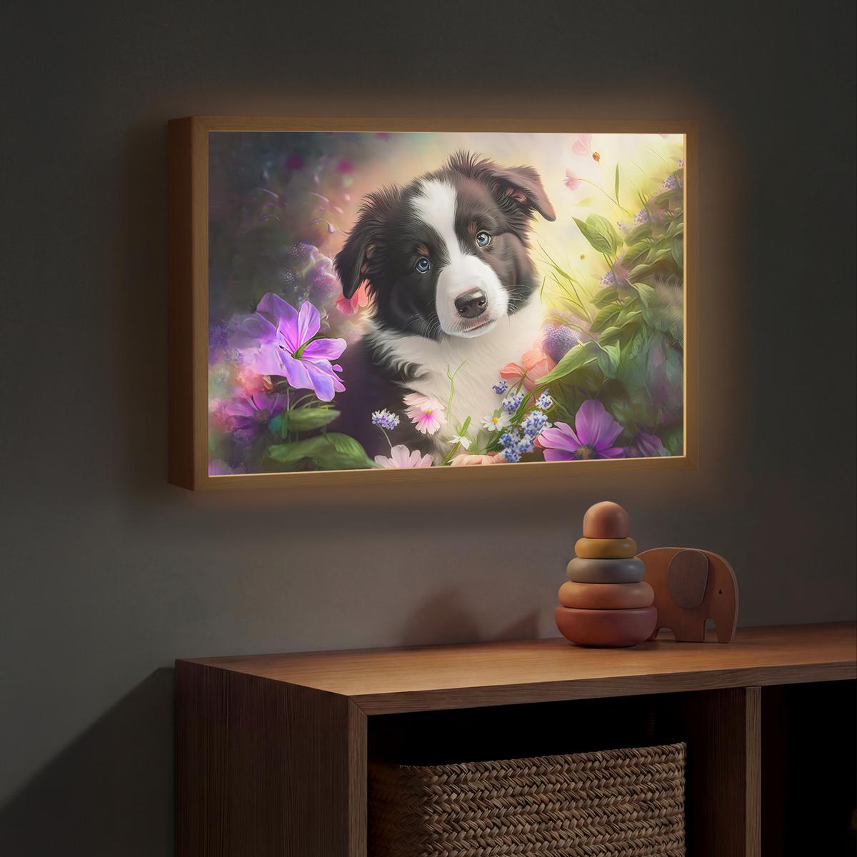 NACHTTISCHLAMPE MIT AKKU Welpe - Sonne - Blumen - Natur - Border Collie - Hund 60x40 cm - Violett, Holzwerkstoff (8/60/40cm) - OnlyWow